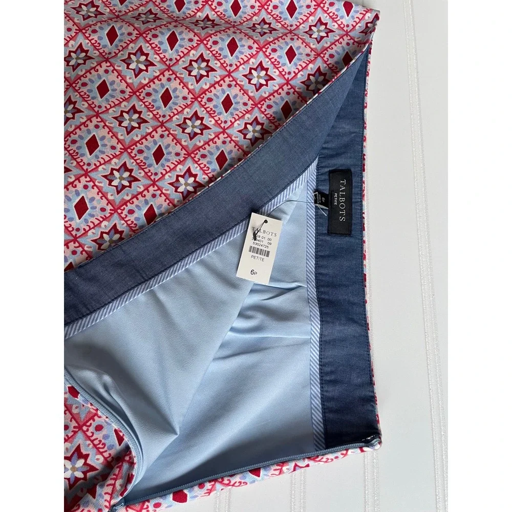 NEW Talbots Canvas Cotton A-Line Skirt Size 6P Red Blue Mediterranean Tile Print